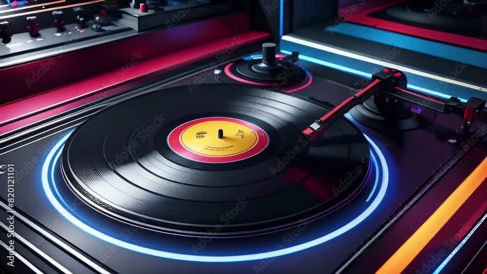 Spinning vinyl record with a retro wave and retro futurism style, rendered in hyper-detailed 3D. Generative AI animation