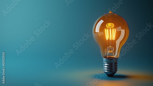 Isometric 3D illustration of a yellow lightbulb with a white circle and airborne pieces, simple cute design, blue background, white space on top