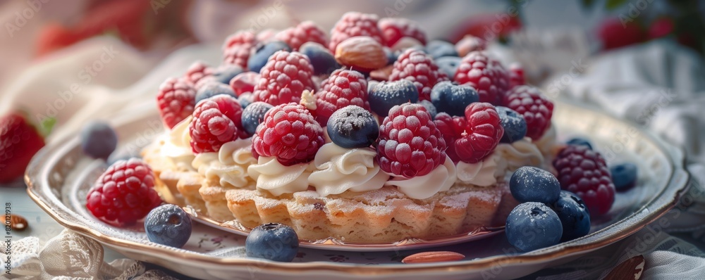 A cupcake adorned with fresh berries and blueberries placed on a plate A cupcake adorned with fresh berries and blueberries placed on a plate