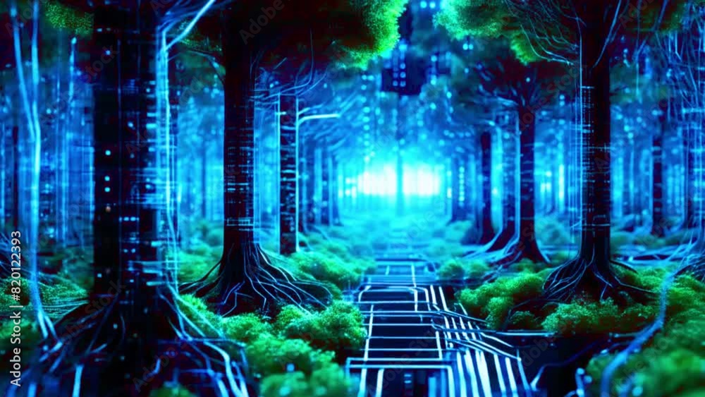 Animate a forest where trees are made of processors and branches are circuits, with data flowing like sap through the system, 4K High-Quality Video