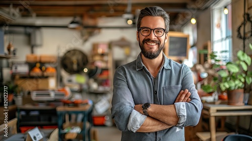 Portrait of a confident man with glasses and a beard, standing with arms crossed in a casual office setting, exuding professionalism and ease.. photo