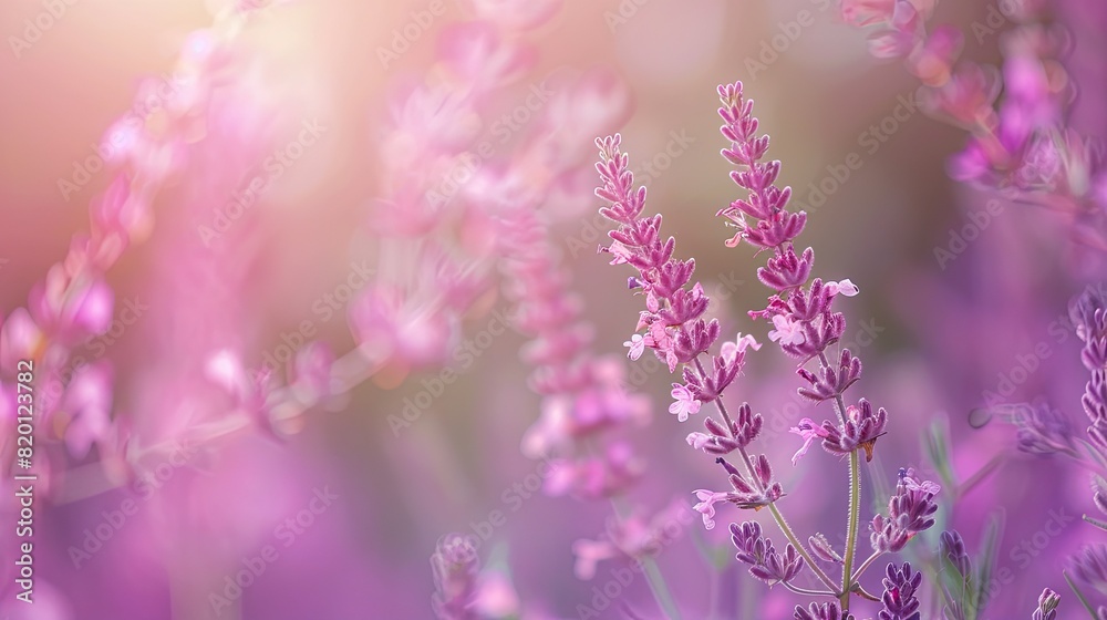 Naklejka premium Close-up of beautiful pink roses blooming in a garden, illuminated by warm sunlight with a dreamy bokeh background...