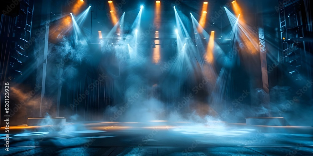Setting the stage for an opera performance: dark stage with spotlights, fog, and empty theater. Concept Opera Performance, Stage Design, Theatrical Lighting, Atmospheric Effects, Theatrical Set Up