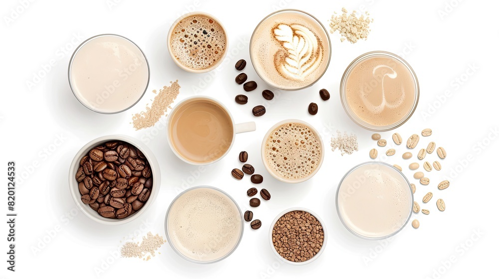 Flat lay of various coffee beverages, beans, and powdered ingredients on a white background, showcasing diverse coffee preparations.. Flat lay of various coffee beverages, beans, and powdered ingredients on a white background, showcasing diverse coffee preparations..