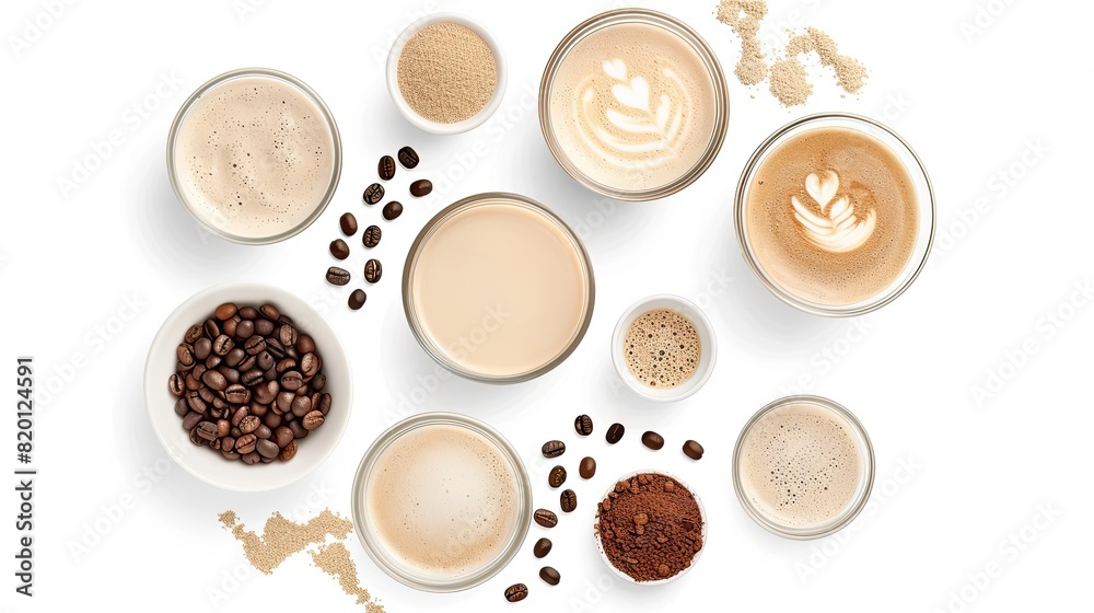 Flat lay of various coffee beverages, beans, and powdered ingredients on a white background, showcasing diverse coffee preparations.. Flat lay of various coffee beverages, beans, and powdered ingredients on a white background, showcasing diverse coffee preparations..