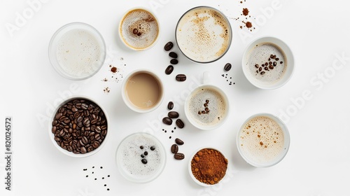 Flat lay of various coffee beverages, beans, and powdered ingredients on a white background, showcasing diverse coffee preparations..
