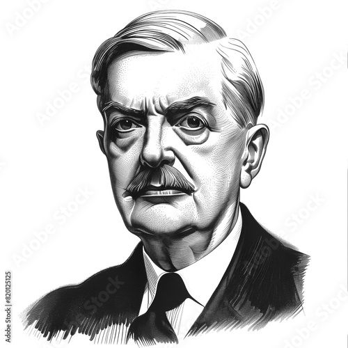 Black and white vintage engraving, close-up headshot portrait of Arthur Neville Chamberlain, the famous historical British Prime Minister, white background, greyscale
