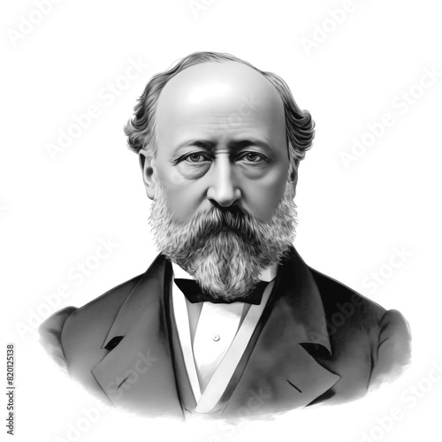 Black and white vintage engraving, close-up headshot portrait of Camille Saint-Saëns, the famous historical French Romantic composer, organist, conductor and pianist, white background, greyscale photo