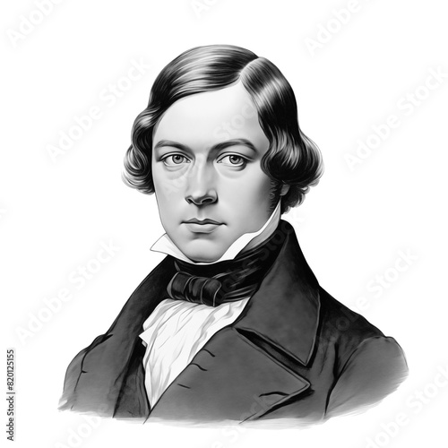 Black and white vintage engraving, close-up headshot portrait of Robert Schumann, the famous historical German composer, pianist, and music critic of the Romantic era, white background, greyscale photo