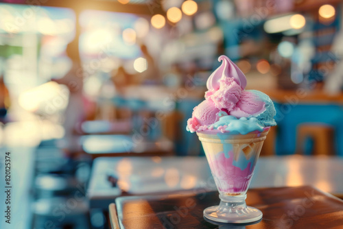 Ice cream close-up on table in cafe with blurred background