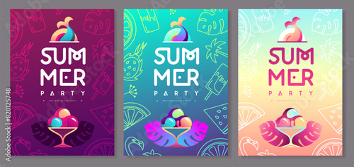 Set of fluorescent flat summer disco party posters with mermaid and ice cream. Vector illustration