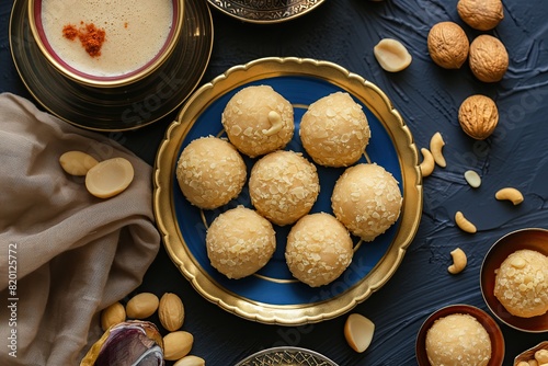 A beautiful arrangement of traditional Indian sweets on a gold-rimmed plate, accompanied by a cup of spiced tea..