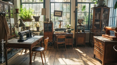 A sunlit vintage home office featuring antique furniture  a typewriter  sewing machine  and lush green plants..