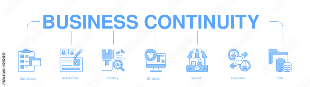 Business Continuity banner web icon vector illustration - Blue
concept with icon of Compliance, Assessment, Inventory,
Simulation, Vendor, Response, Data Business Continuity banner web icon vector illustration - Blue
concept with icon of Compliance, Assessment, Inventory,
Simulation, Vendor, Response, Data