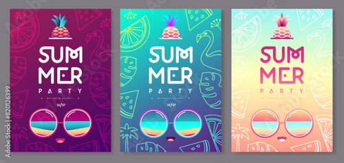 Set of fluorescent flat summer disco party posters with pineapple and sunglasses. Vector illustration