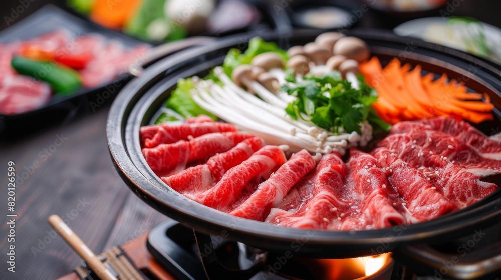 Traditional Japanese shabu-shabu hot pot with thinly sliced beef and fresh vegetables, served with dipping sauces. Traditional Japanese shabu-shabu hot pot with thinly sliced beef and fresh vegetables, served with dipping sauces.