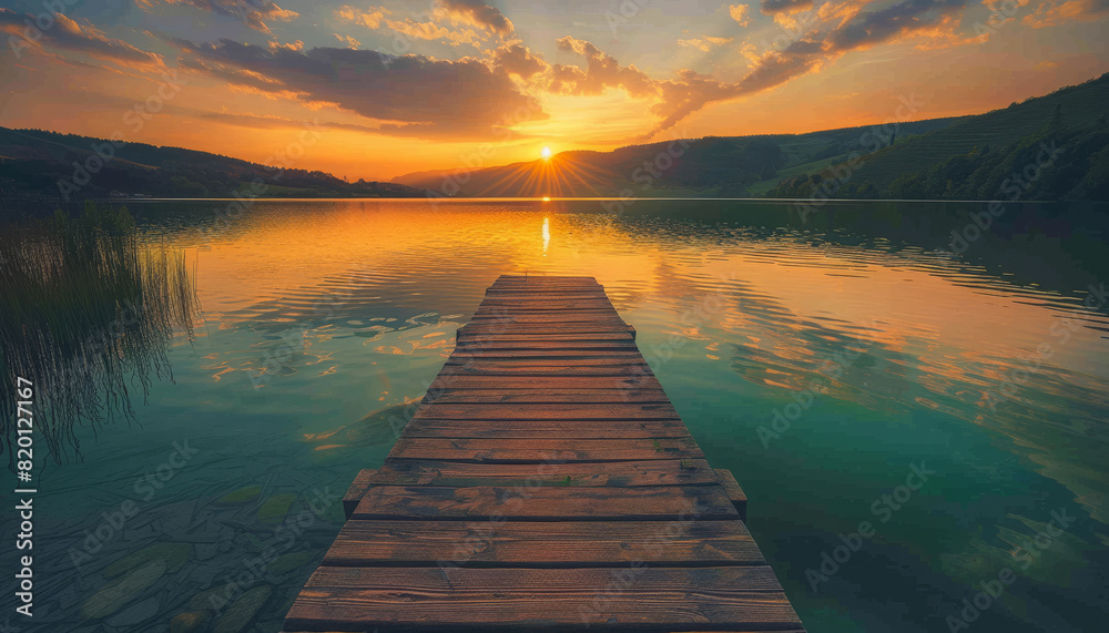 Stunning sunset at tranquil mountain lake with wooden pier Stunning sunset at tranquil mountain lake with wooden pier