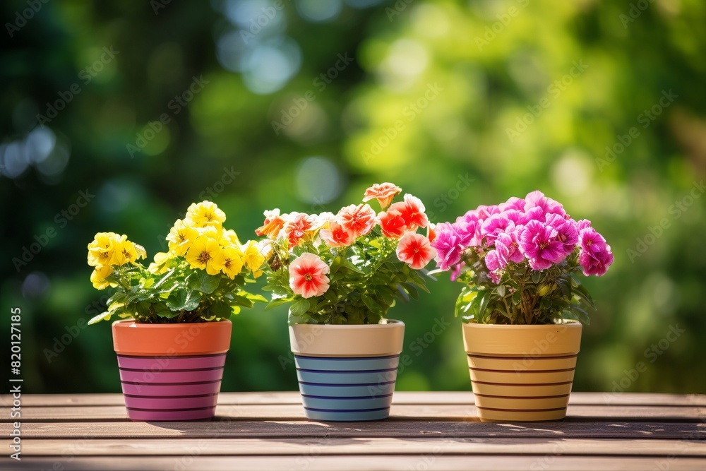 A row of potted colorful plants, sunny green summer background with copy space