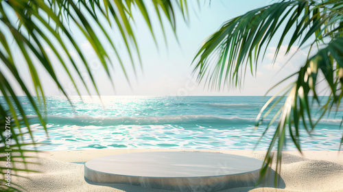 Display Podium on Tropical Beach with Palm Leaves