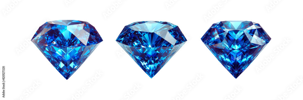 Set of three Blue color crystal diamond, isolated over on transparent white background Set of three Blue color crystal diamond, isolated over on transparent white background
