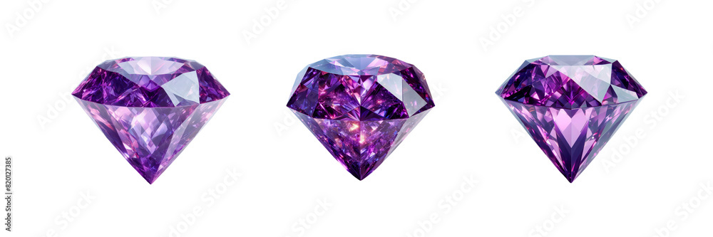 Set of three Purple color crystal diamond, isolated over on transparent white background Set of three Purple color crystal diamond, isolated over on transparent white background