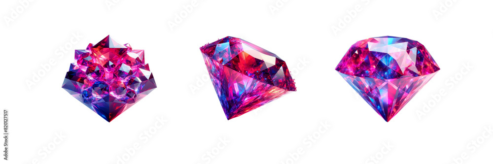 Set of three Red color crystal diamond, isolated over on transparent white background Set of three Red color crystal diamond, isolated over on transparent white background