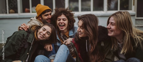 A cheerful group of friends is enjoying each others company outdoors, sharing laughter and joy, and building strong bonds in a relaxed and happy atmosphere full of camaraderie and togetherness