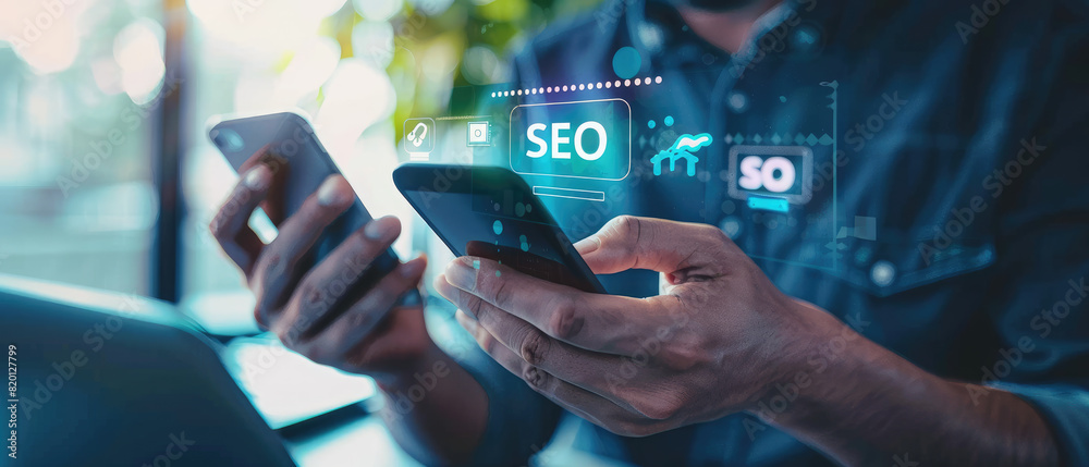 SEO Search Engine Optimization concept. Men use smartphone with SEO icons for promoting ranking traffic on websites and optimizing their websites to rank in search engines or SEO. SEO Search Engine Optimization concept. Men use smartphone with SEO icons for promoting ranking traffic on websites and optimizing their websites to rank in search engines or SEO.