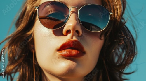 close-up of a fashionable young woman wearing sunglasses