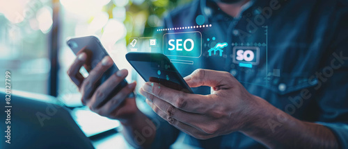SEO Search Engine Optimization concept. Men use smartphone with SEO icons for promoting ranking traffic on websites and optimizing their websites to rank in search engines or SEO.