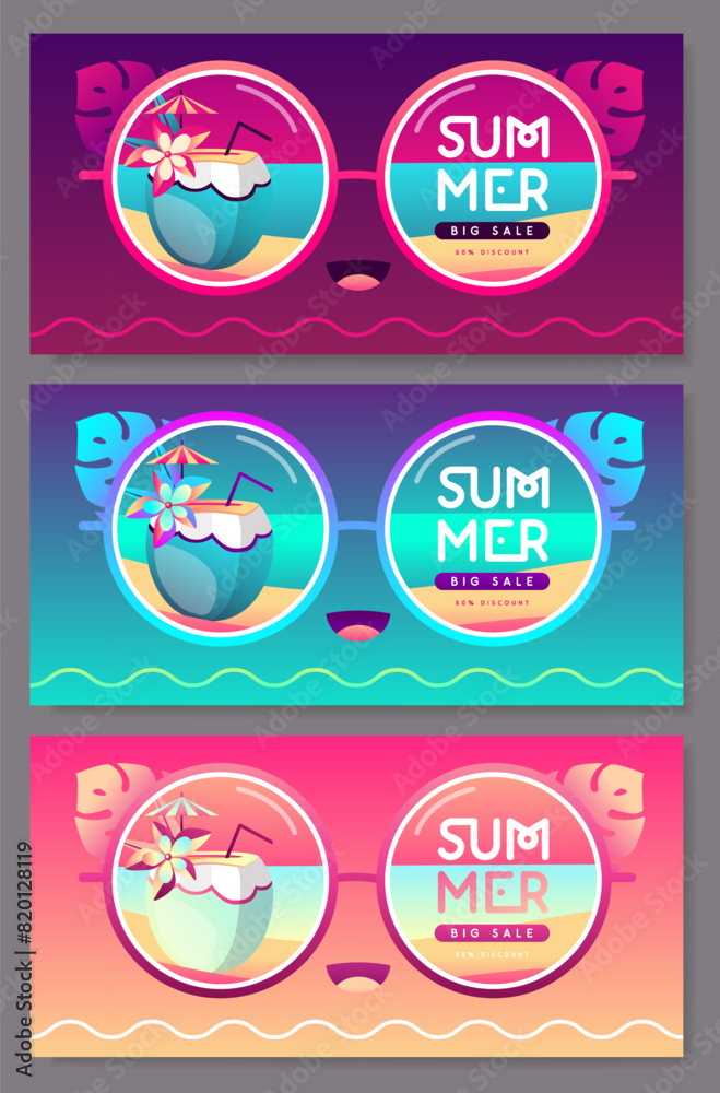 Set of fluorescent flat summer big sale posters with round sunglasses silhouette and pina colada cocktail. Vector illustration