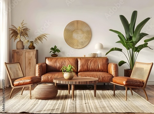 Beige living room interior with brown leather sofa, armchair and coffee table near wooden cabinet with plants on beige carpet