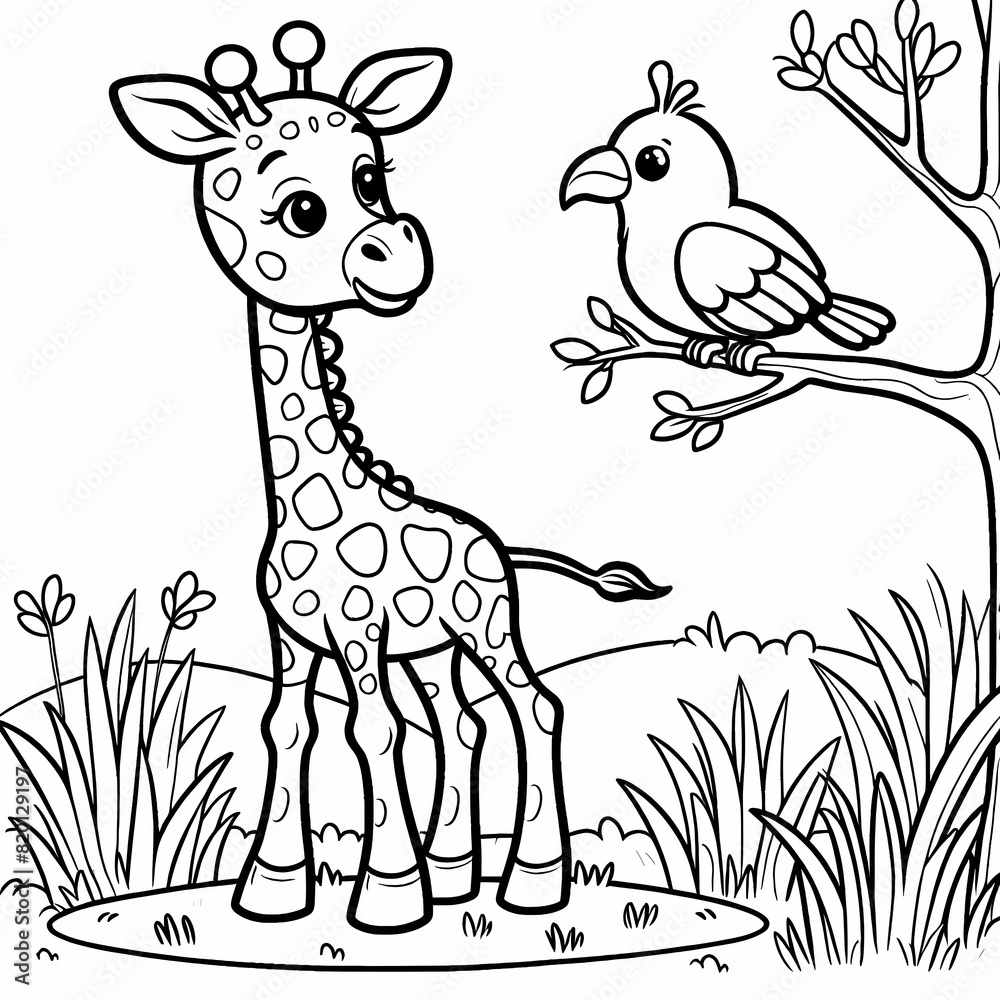 Naklejka premium Cartoon Giraffe and Bird Coloring Page
