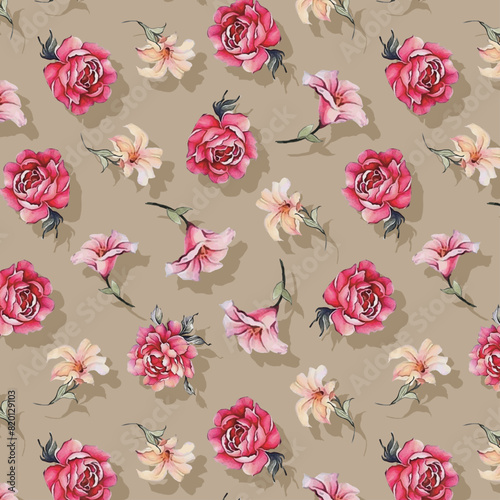 Red roses and yellow pink flowers and their shadows pattern