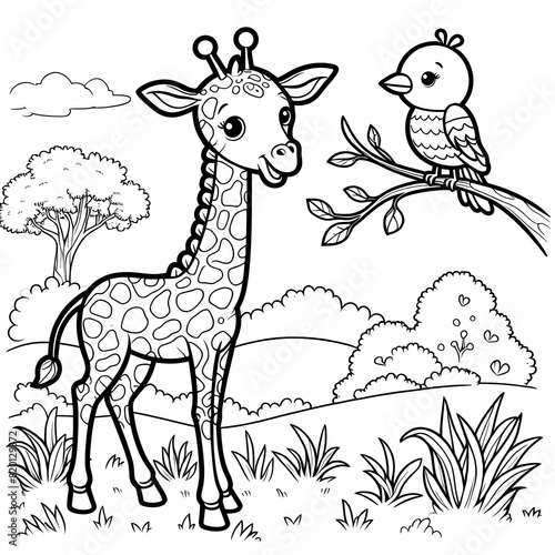 Cartoon Giraffe and Bird Coloring Page