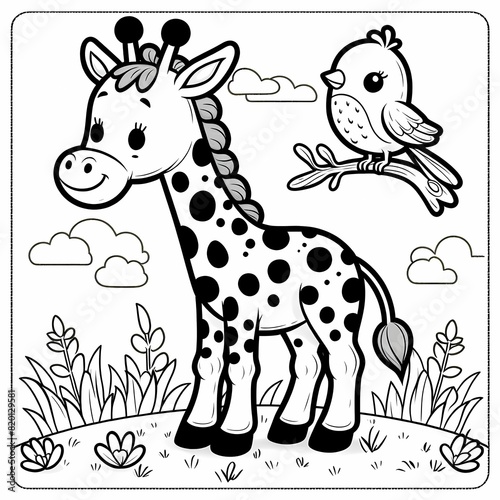 Cartoon Giraffe and Bird Coloring Page