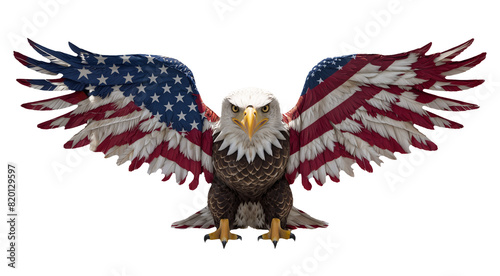 Bald eagle png with his wings spread flying, american flag colors on his wing, independence day concept, patriotic, isolated on white or transparent background photo