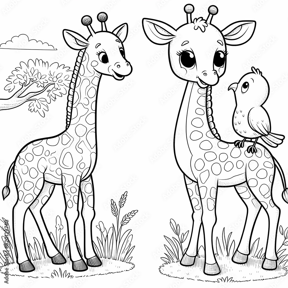 Naklejka premium Cartoon Giraffe and Bird Coloring Page