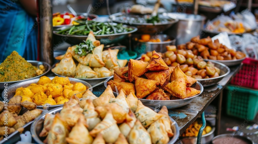Vibrant assortment of Indian street food snacks, including samosas, pakoras, and chaat, displayed on a market stall.
