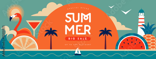 Retro flat summer big sale poster with flamingo, tropic fruits and mermaid tail. Vector illustration