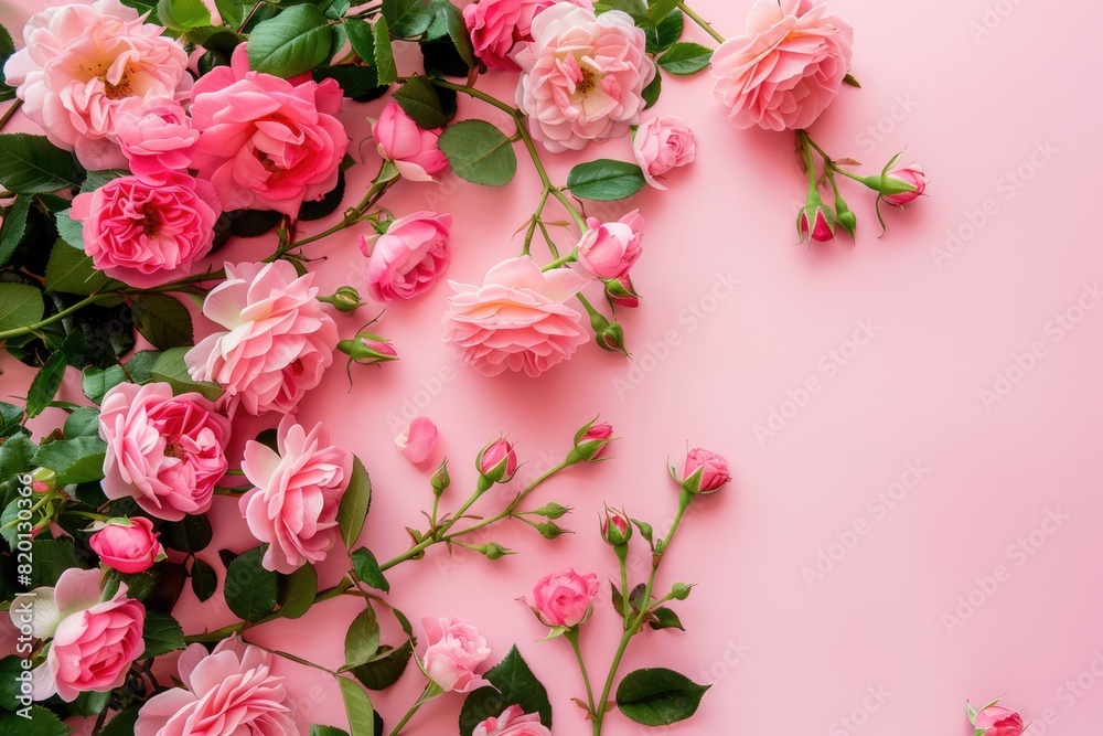 Valentine Birthday. Pink Roses Blank Frame Composition on Pastel Pink Background Valentine Birthday. Pink Roses Blank Frame Composition on Pastel Pink Background