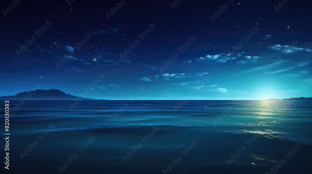 Nighttime seascape with stars, moonrise, and open ocean under dark sky background