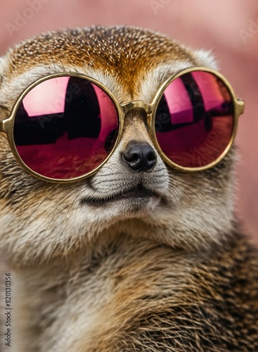 A playful and wacky feeling is suggested by a meerkat wearing big sunglasses on a bokeh background.