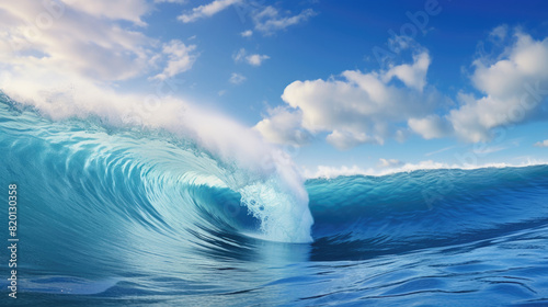 Large blue ocean wave with white spray  natural background with copy space