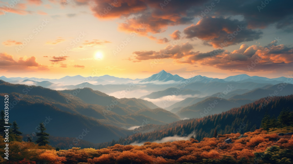 Breathtaking view of vibrant sunrise or sunset over rugged mountain peaks with clouds Breathtaking view of vibrant sunrise or sunset over rugged mountain peaks with clouds