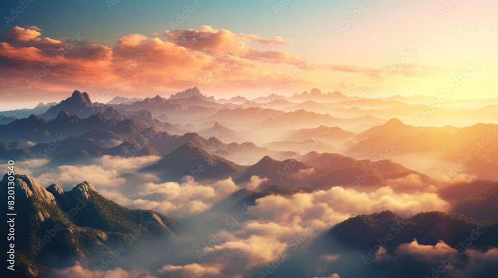 Breathtaking view of vibrant sunrise or sunset over rugged mountain peaks with clouds