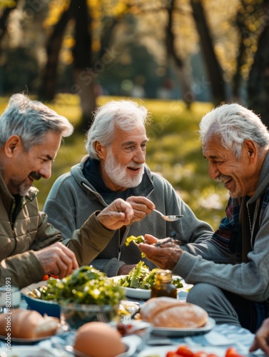 group diversity old senior people eating healthy salad after exercising in the park in tracksuit in daytime