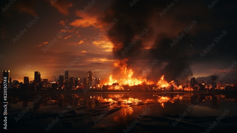 Big fire burning in the city at night. Big fire burning in the city at night.