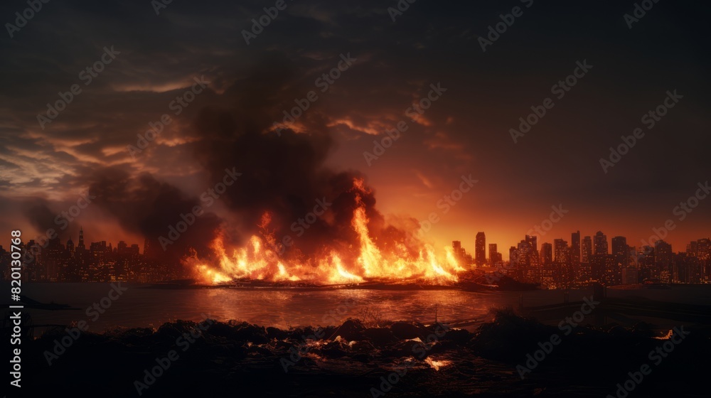 Fototapeta premium Big fire burning in the city at night.