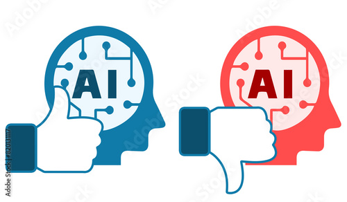 Like icon con testa e globo con fondo trasparente , like positivo like negativo rosso blu AI intelligenza artificiale 